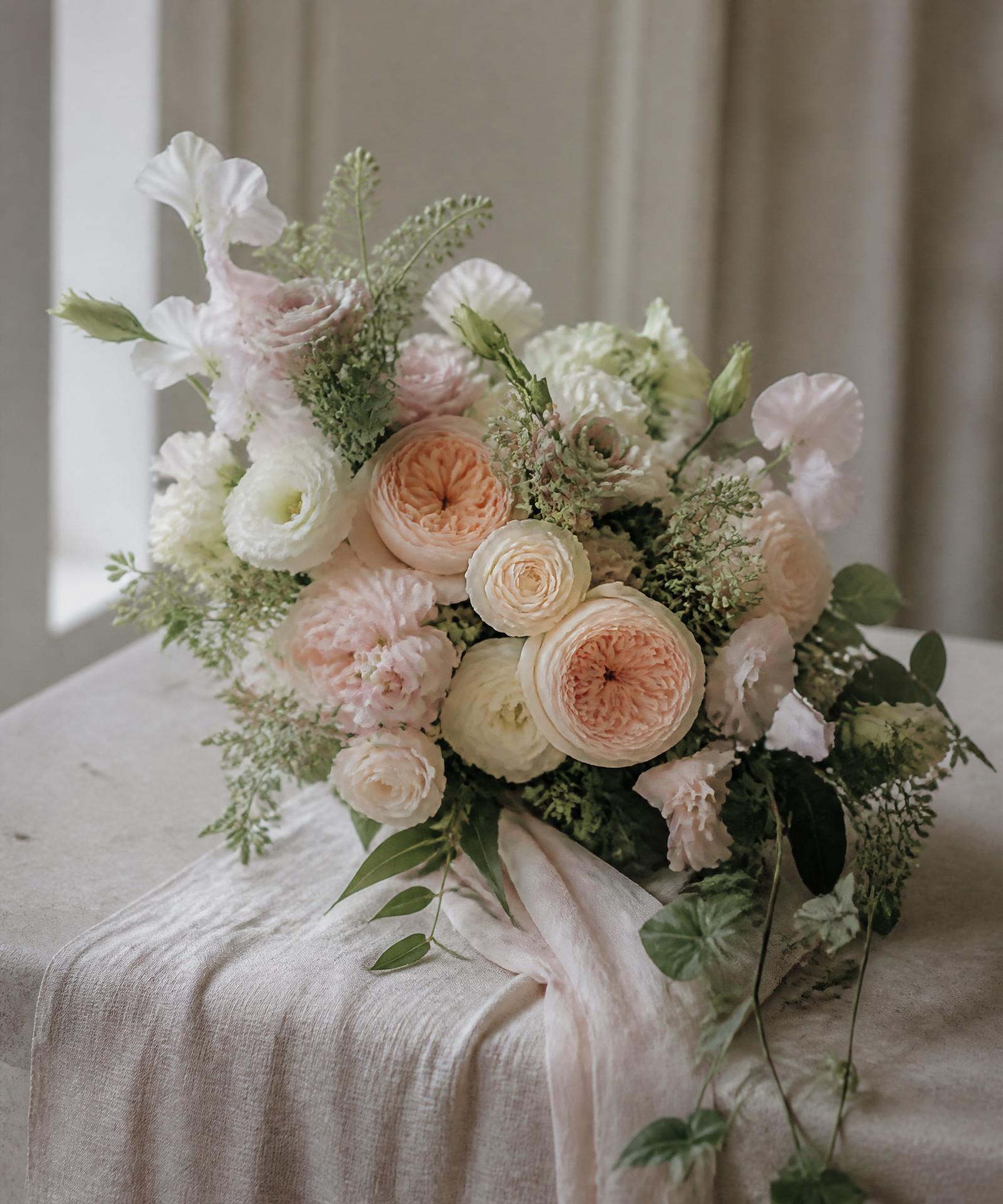 Brautstrauß aus Gartenrosen und Lisianthus